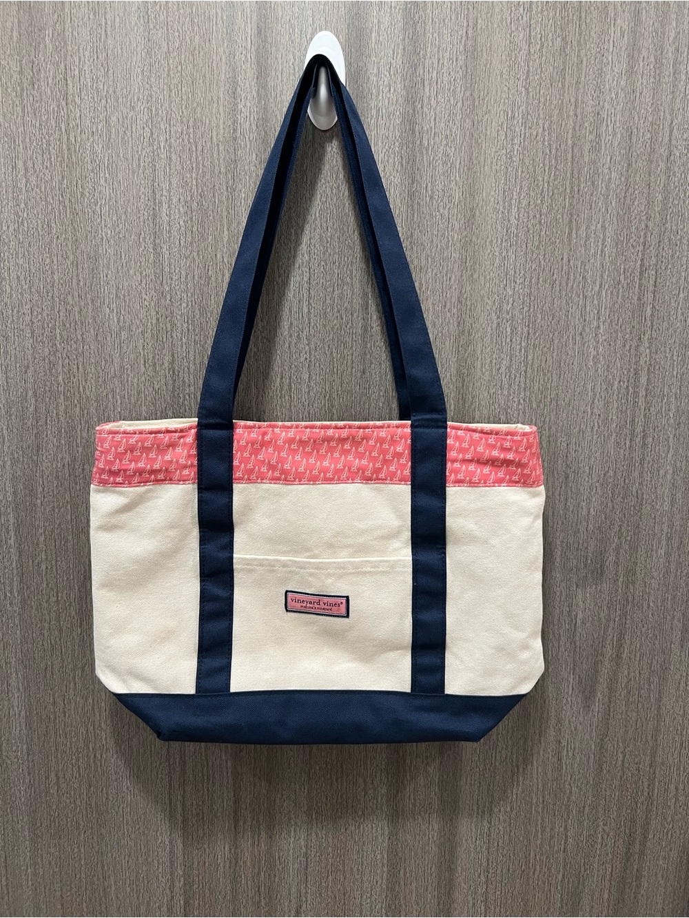Vineyard Vines Canvas Tote in Cream, Coral & Navy Trim